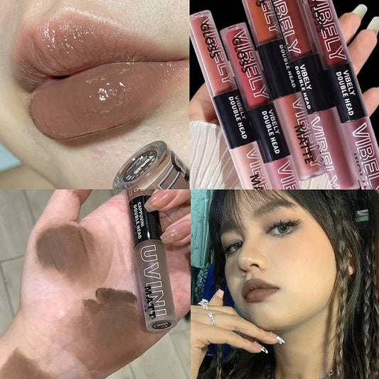 2 In 1 Punk Dark Brown Lip Gloss Mirror Transparent Glass Lip Glaze Lava Chocolate Liquid Lipstick Non-stick Lip Tint Makeup