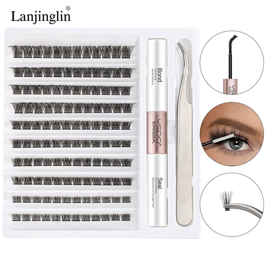 Diy Lashes Extension Kit Soft 120/200 Cluster False Eyelash Long Lasting Bond and Seal Glue Tweezers Makeup Tool Individual Lash